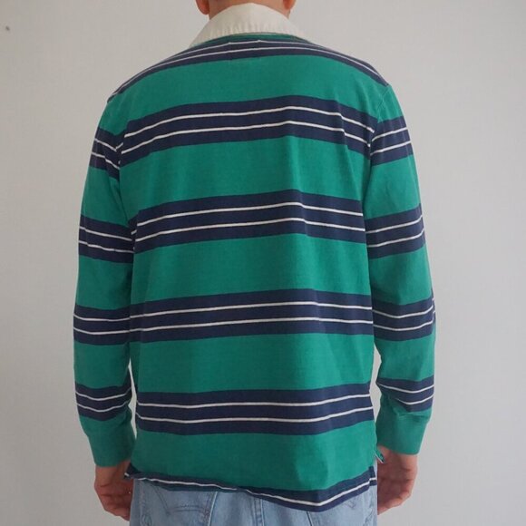 Lands' End Green Blue Stripe Rugby 100% Cotton Long Sleeve Preppy Polo Shirt L - Picture 2 of 9
